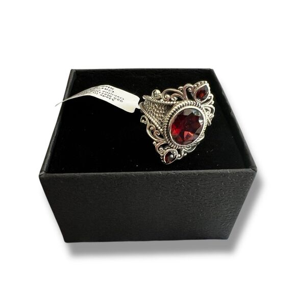 Natural Garnet 3-Stone Sterling Silver Artisan Ornate Statement Ring Size 8 - Picture 3 of 12